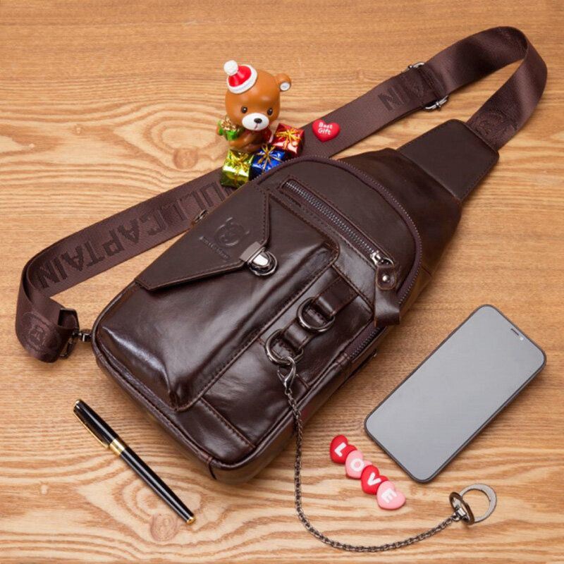 Heren Multi-pocket Zacht Leren Borsttas Vintage Mobiele Telefoon Houder Ketting Crossbody Schoudertas