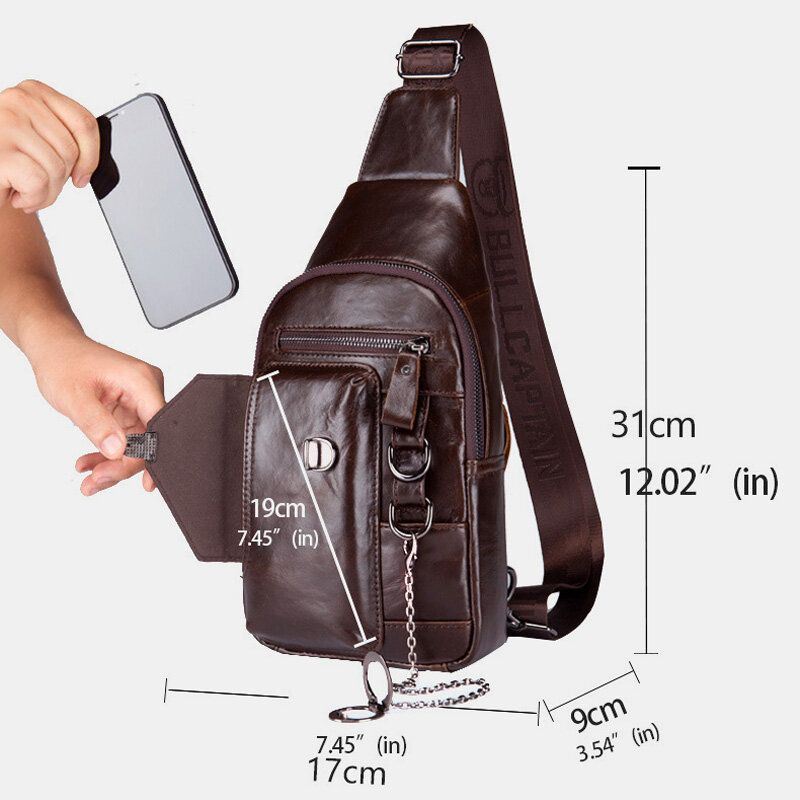 Heren Multi-pocket Zacht Leren Borsttas Vintage Mobiele Telefoon Houder Ketting Crossbody Schoudertas