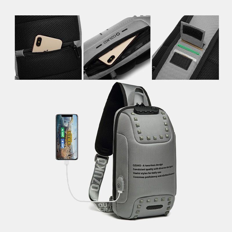 Heren Oxford Letter Voor Wachtwoord Slot Anti-diefstal Ontwerp Usb Opladen Crossbody Tas Meerdere Zakken Multi-compartimenten Borsttas