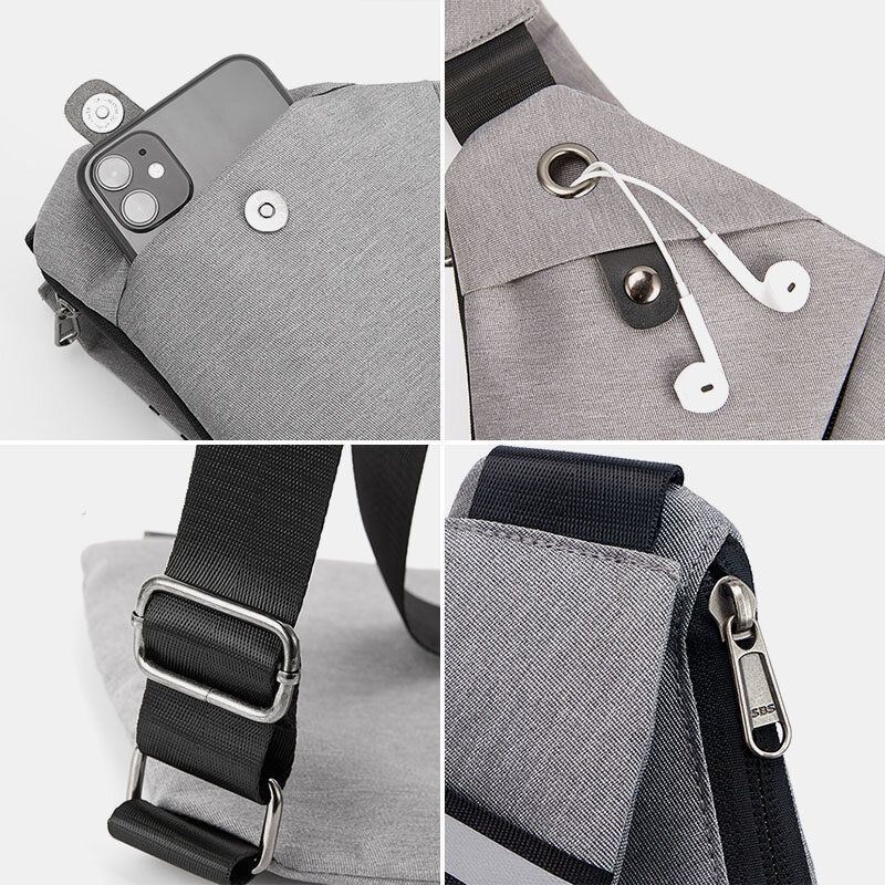 Heren Polyester Waterdichte Multi-pocket Borsttas Multifunctionele Hoofdtelefoon Gat Ontwerp Crossbody Tas Sling Bag