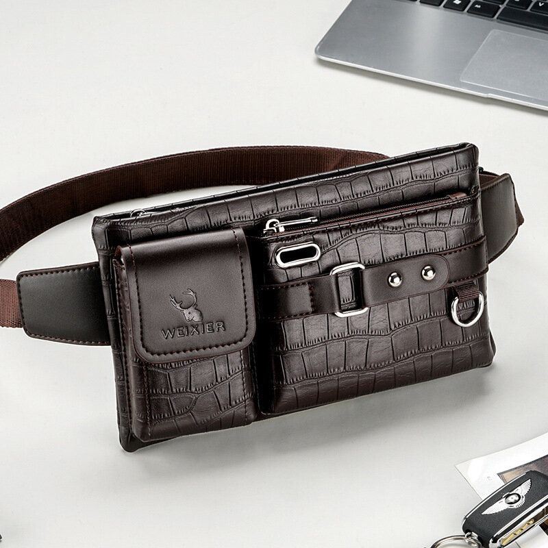 Heren Pu Lederen Multi-pocket Slijtvaste Borst Tas Heuptas Hoofdtelefoon Gat Ontwerp 6.5 Inch Telefoon Tas Crossbody Tassen