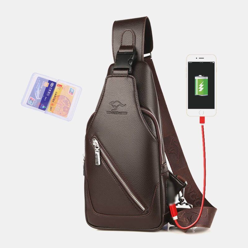 Heren Pu Lederen Usb Opladen Waterdicht Oortelefoon Gat Zakelijke Crossbody Tas Borsttas Sling Bag