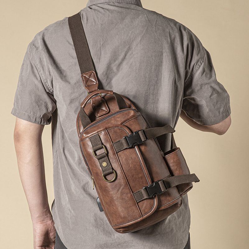 Heren Pu Leer Grote Capaciteit Multifunctionele Headset Gat Usb Opladen Korte Trip Sling Tassen Crossbody Tas Borst Tas