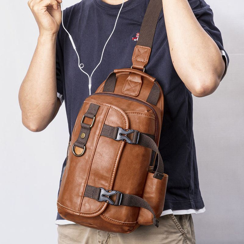 Heren Pu Leer Grote Capaciteit Multifunctionele Headset Gat Usb Opladen Korte Trip Sling Tassen Crossbody Tas Borst Tas