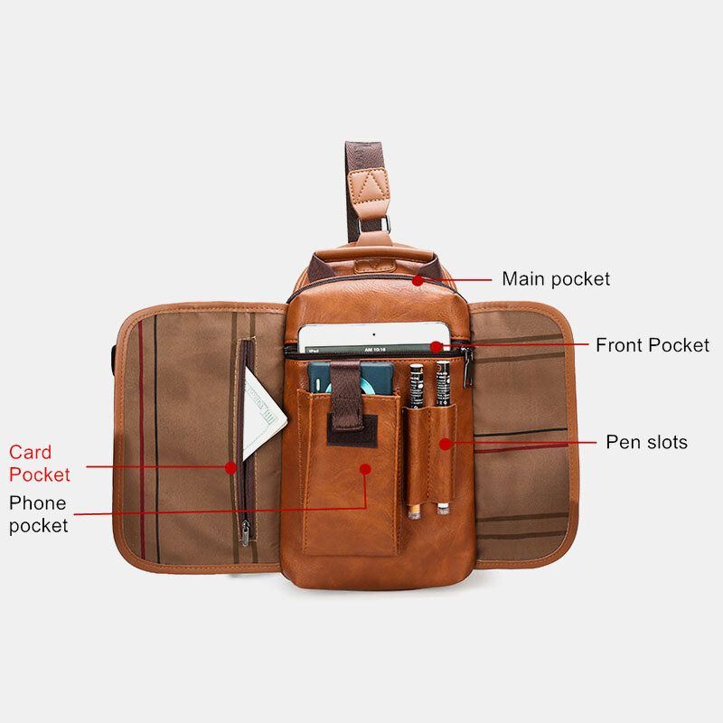 Heren Pu Leer Grote Capaciteit Multifunctionele Headset Gat Usb Opladen Korte Trip Sling Tassen Crossbody Tas Borst Tas