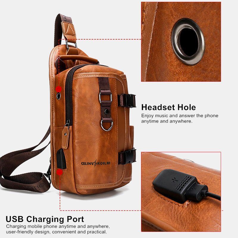 Heren Pu Leer Grote Capaciteit Multifunctionele Headset Gat Usb Opladen Korte Trip Sling Tassen Crossbody Tas Borst Tas