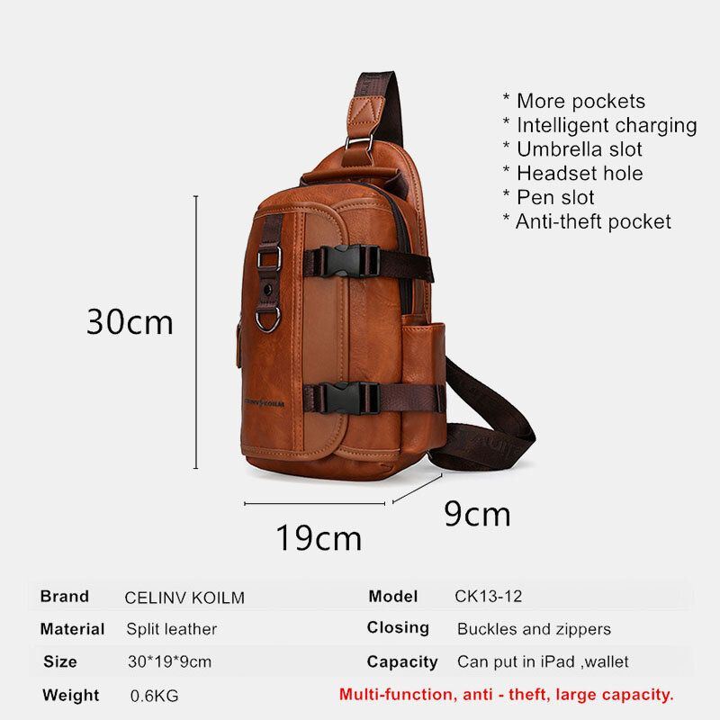 Heren Pu Leer Grote Capaciteit Multifunctionele Headset Gat Usb Opladen Korte Trip Sling Tassen Crossbody Tas Borst Tas