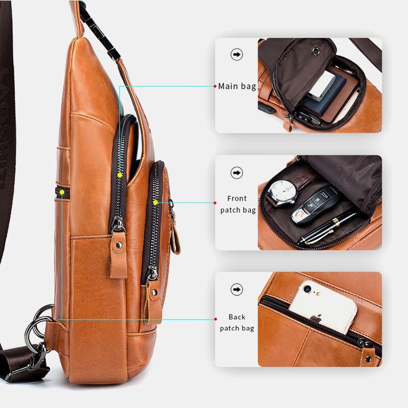 Heren Vintage Lederen Multifunctionele Hoofdtelefoon Gat Ontwerp Slijtvaste Borsttas Crossbody Tas Sling Bag