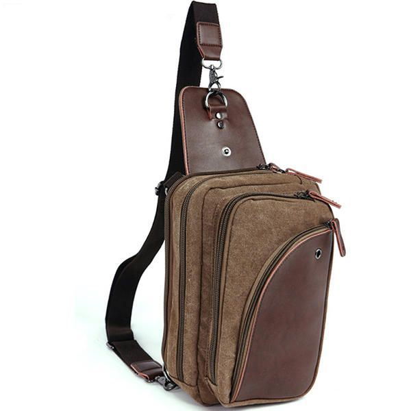 Heren Canvas Met Lederen Retro Ademende Borsttas Crossbody Tas Casual Reizen Schoudertas