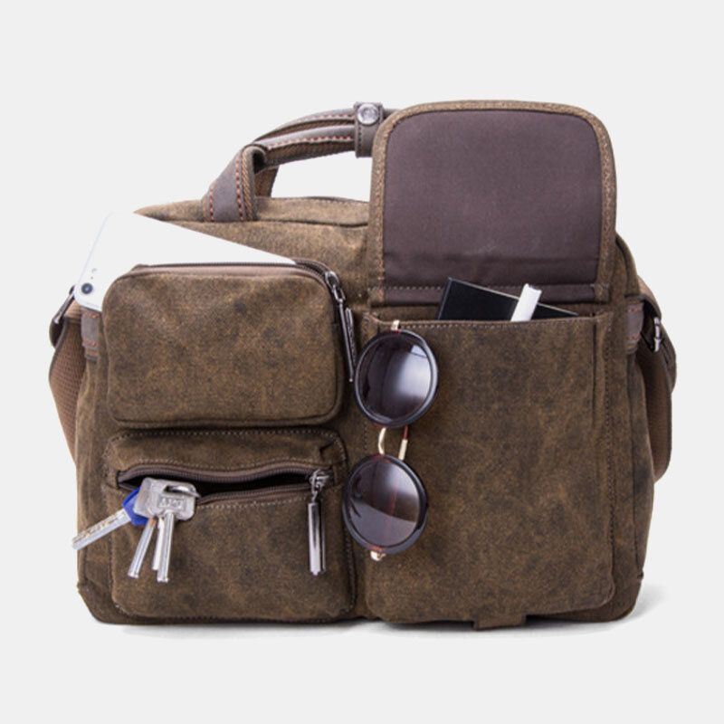 Heren Dikker Canvas Multi-pocket Grote Capaciteit Crossbody Schoudertas Terug Anti-diefstal Pocket Handtas