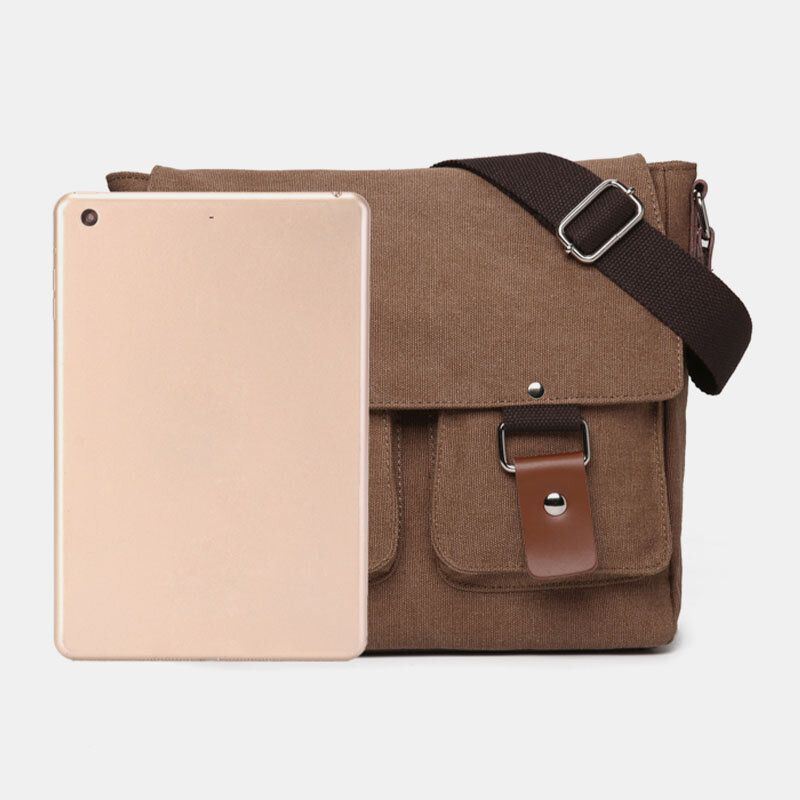 Heren Dubbel Voorvak Grote Capaciteit Crossbody Tas Retro Canvas Horizontale Effen Kleur Anti-diefstal Schoudertas