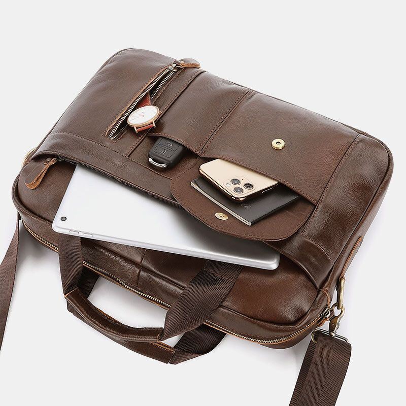 Heren Echt Leer Multi-pocket Vintage 14 Inch Laptoptas Aktetassen Crossbody Schoudertas Handtas