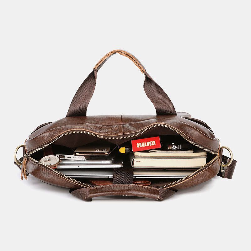 Heren Echt Leer Multi-pocket Vintage 14 Inch Laptoptas Aktetassen Crossbody Schoudertas Handtas