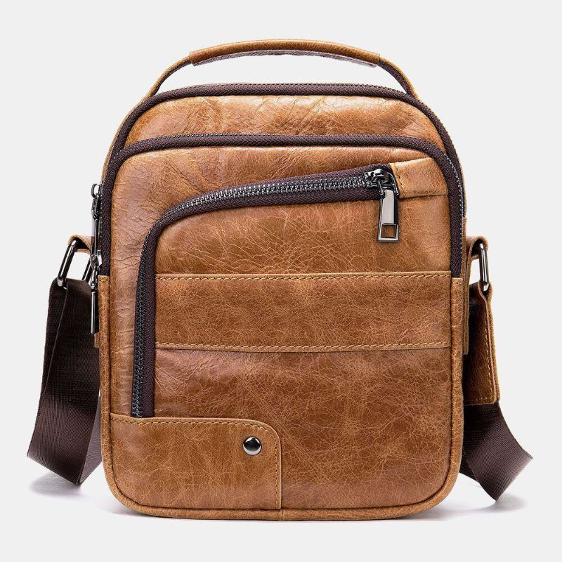 Heren Echt Leer Multi-zakken Oortelefoon Gat Vintage Waterdichte Crossbody Tassen Schoudertassen