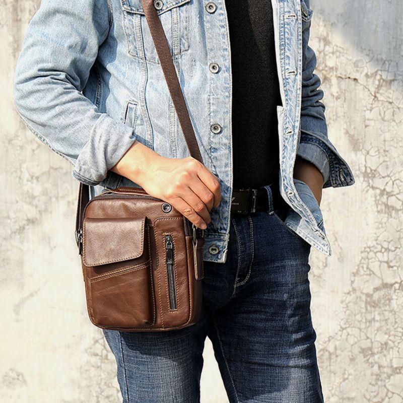 Heren Echt Leer Multi-zakken Oortelefoon Gat Vintage Waterdichte Crossbody Tassen Schoudertassen