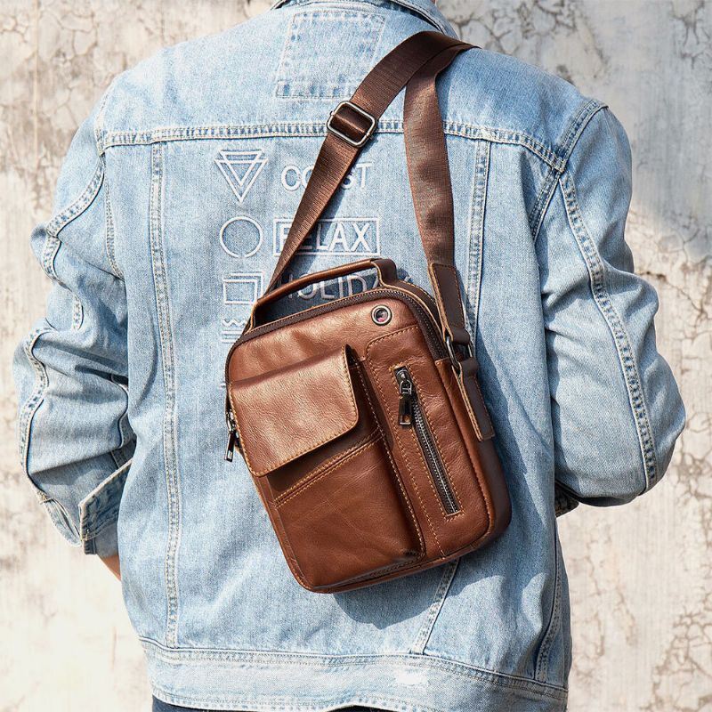 Heren Echt Leer Multi-zakken Oortelefoon Gat Vintage Waterdichte Crossbody Tassen Schoudertassen