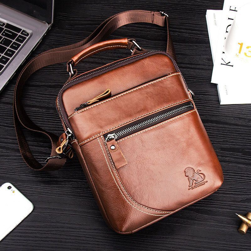 Heren Echt Leer Retro Business Casual Effen Kleur Lederen Koeienhuid Schoudertas Crossbody Tas