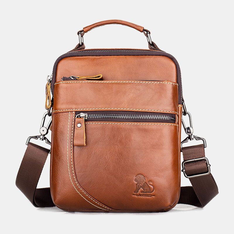 Heren Echt Leer Retro Business Casual Effen Kleur Lederen Koeienhuid Schoudertas Crossbody Tas