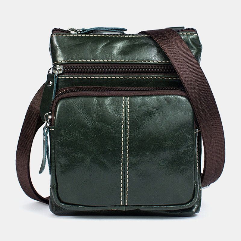 Heren Echt Leer Retro Zakelijke Effen Kleur Lederen Rits Crossbody Tas Schoudertas