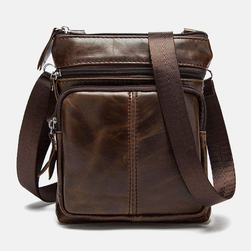 Heren Echt Leer Retro Zakelijke Effen Kleur Lederen Rits Crossbody Tas Schoudertas