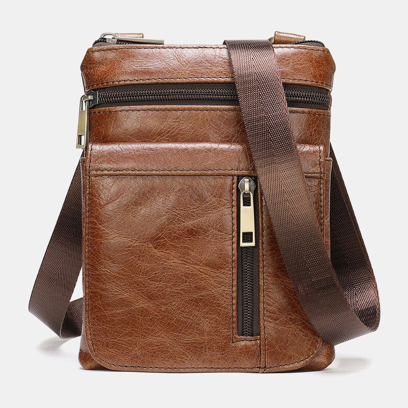 Heren Echt Leer Retro Zakelijke Effen Kleur Lederen Rits Crossbody Tas Schoudertas