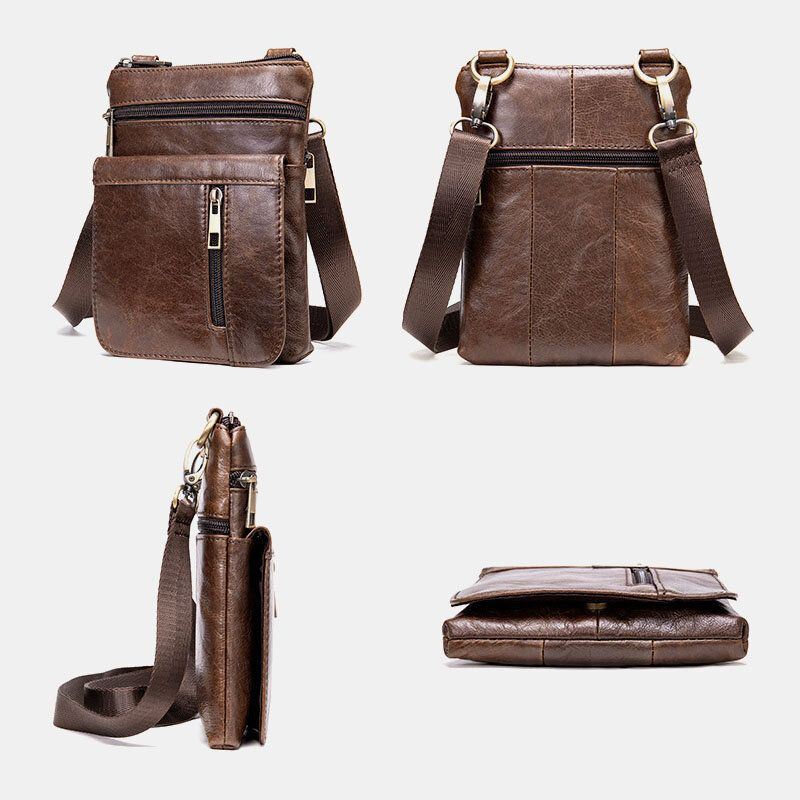 Heren Echt Leer Retro Zakelijke Effen Kleur Lederen Rits Crossbody Tas Schoudertas