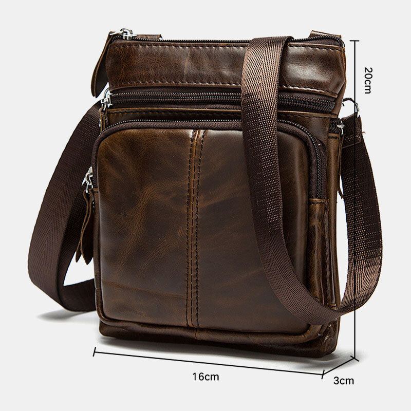 Heren Echt Leer Retro Zakelijke Effen Kleur Lederen Rits Crossbody Tas Schoudertas