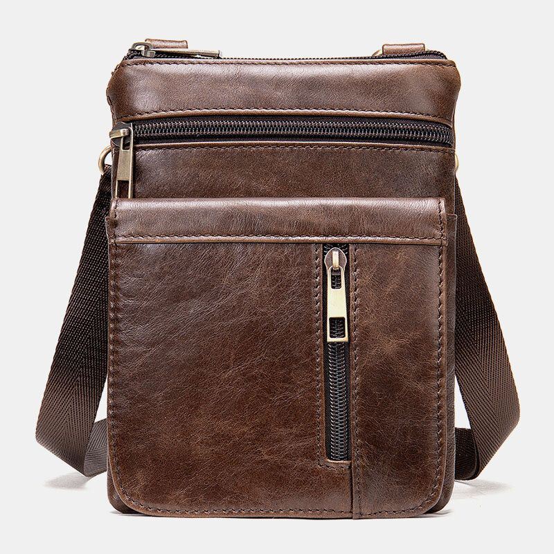 Heren Echt Leer Retro Zakelijke Effen Kleur Lederen Rits Crossbody Tas Schoudertas