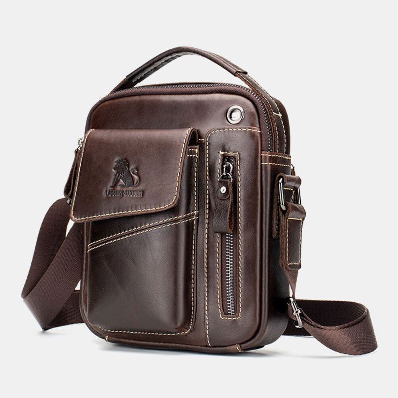 Heren Echt Leer Slijtvaste Hoofdtelefoon Gat Multi-pocket Vintage Crossbody Tas Schoudertas