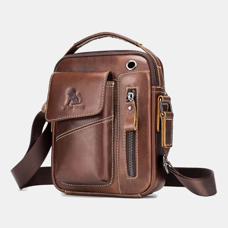 Heren Echt Leer Slijtvaste Hoofdtelefoon Gat Multi-pocket Vintage Crossbody Tas Schoudertas