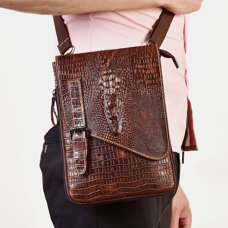 Heren Echt Leer Slijtvaste Krokodil Textuur Casual Crossbody Tas Schoudertas