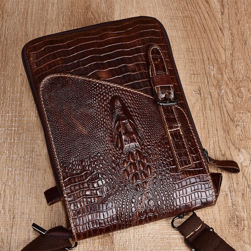 Heren Echt Leer Slijtvaste Krokodil Textuur Casual Crossbody Tas Schoudertas