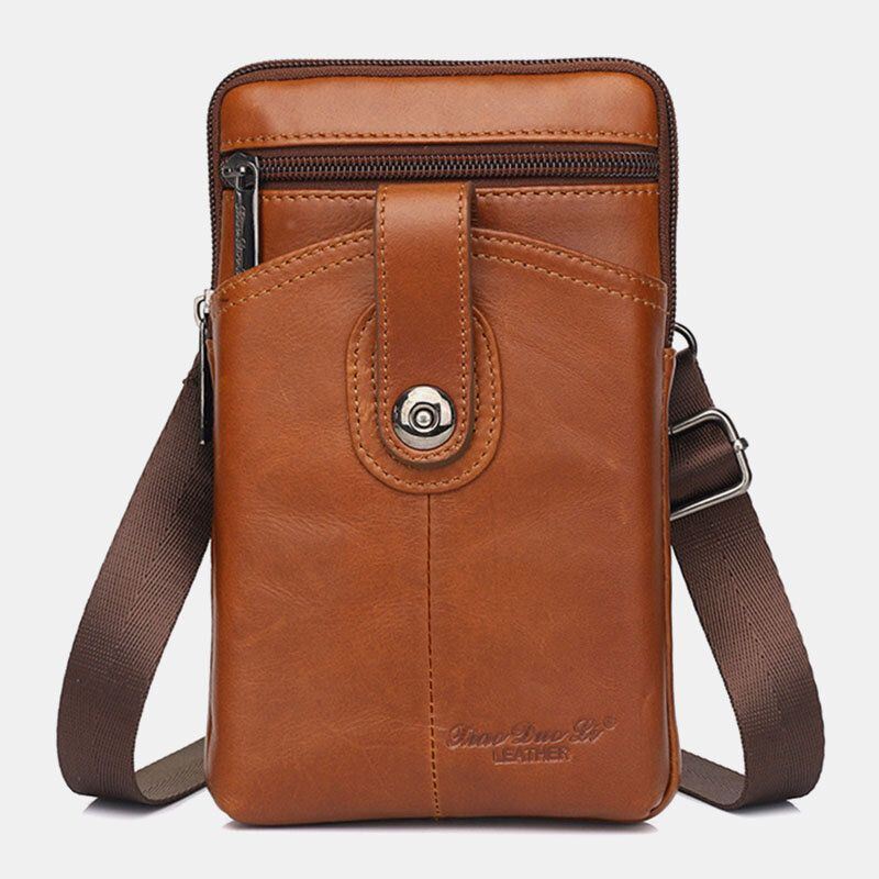 Heren Echt Leer Vintage Multifunctionele 6.5 Inch Rits Hasp Telefoon Tas Crossbody Tas Heuptas