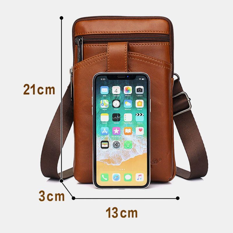 Heren Echt Leer Vintage Multifunctionele 6.5 Inch Rits Hasp Telefoon Tas Crossbody Tas Heuptas