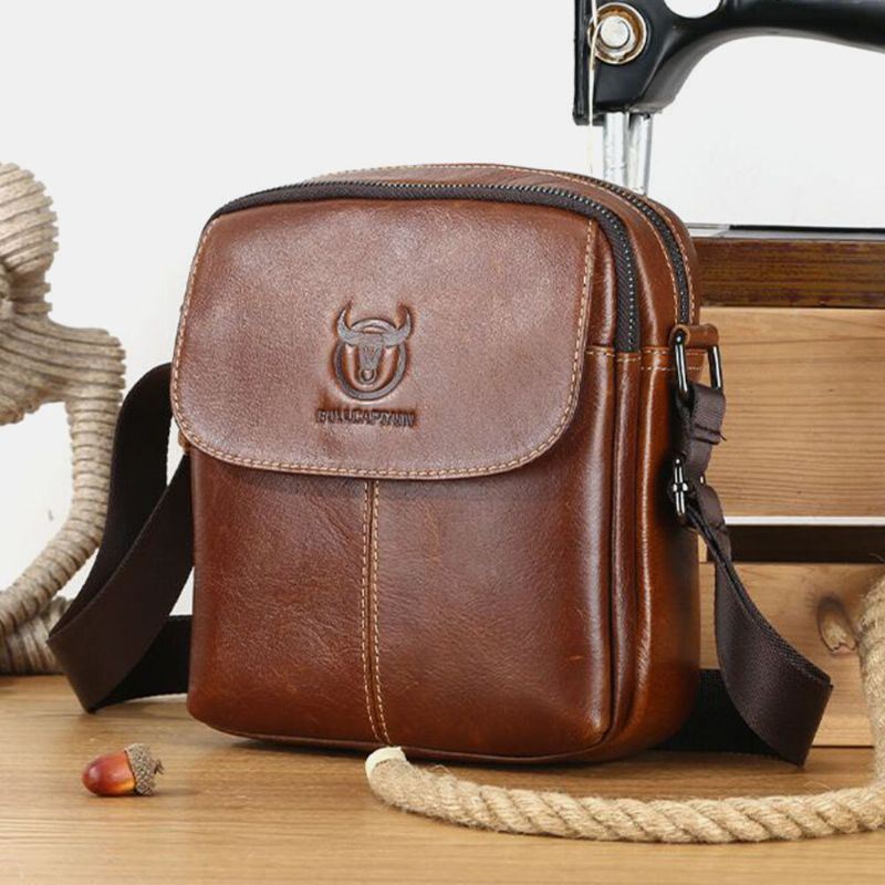 Heren Eerste Laag Koeienhuid Multi-pocket Crossbody Tas Retro Grote Capaciteit Back Anti-diefstal Pocket Schoudertas