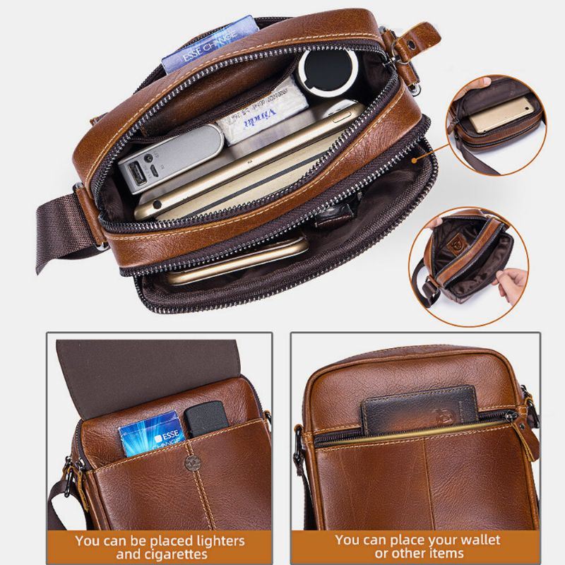 Heren Eerste Laag Koeienhuid Multi-pocket Crossbody Tas Retro Grote Capaciteit Back Anti-diefstal Pocket Schoudertas