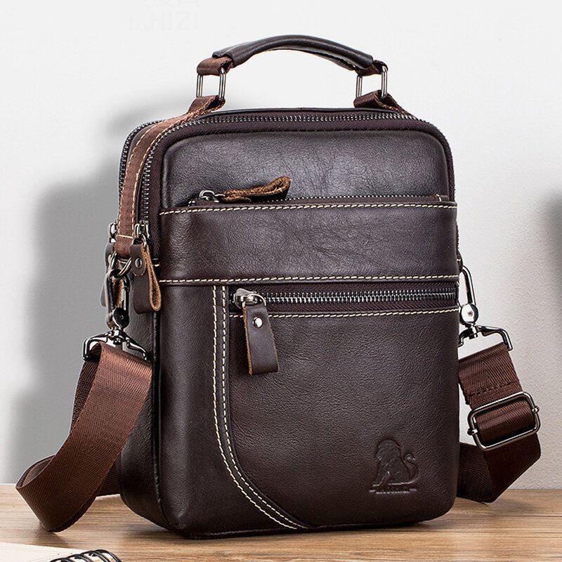 Heren Koeienhuid Dubbele Rits Zak Multifunctionele Messenger Bag Crossbody Schoudertas