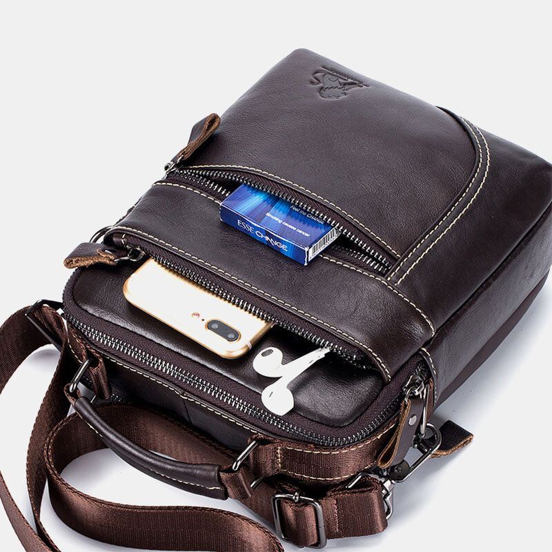 Heren Koeienhuid Dubbele Rits Zak Multifunctionele Messenger Bag Crossbody Schoudertas