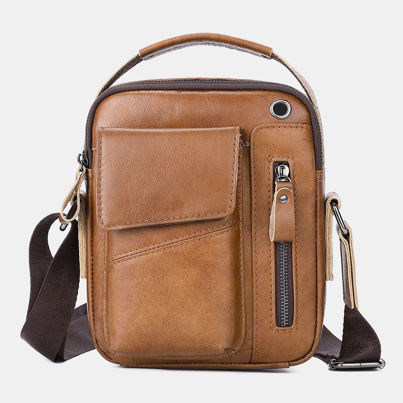 Heren Lederen Multi-pocket Hoofdtelefoon Gat Vintage 6.5 Inch Telefoon Tas Crossbody Schoudertas Messenger Aktetas