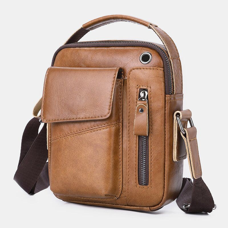 Heren Lederen Multi-pocket Hoofdtelefoon Gat Vintage 6.5 Inch Telefoon Tas Crossbody Schoudertas Messenger Aktetas