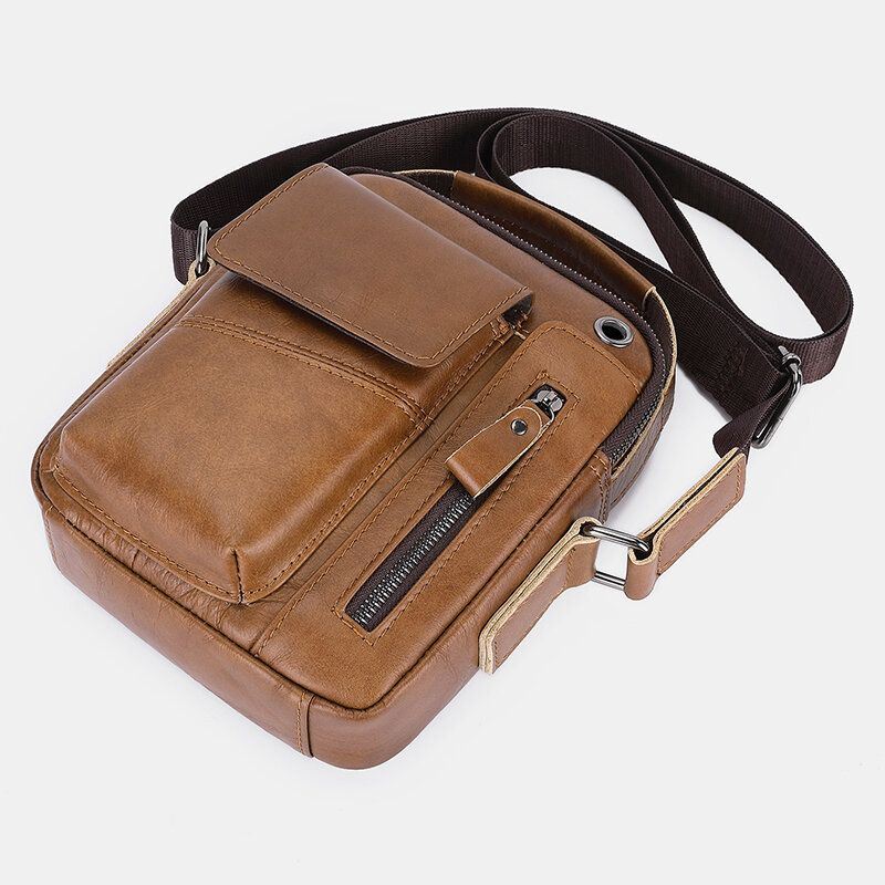 Heren Lederen Multi-pocket Hoofdtelefoon Gat Vintage 6.5 Inch Telefoon Tas Crossbody Schoudertas Messenger Aktetas