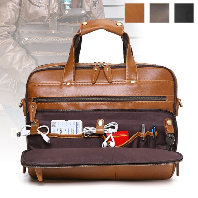 Heren Pu Lederen Multifunctionele Grote Capaciteit Vintage 14 Inch Laptoptas Multi-lagen Aktetas Handtas Crossbody Tas