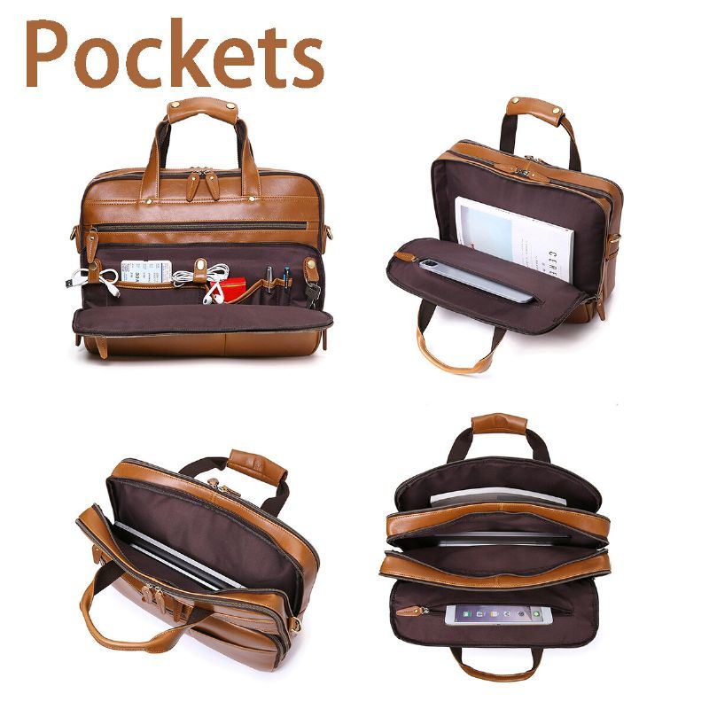 Heren Pu Lederen Multifunctionele Grote Capaciteit Vintage 14 Inch Laptoptas Multi-lagen Aktetas Handtas Crossbody Tas