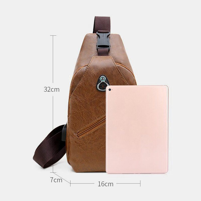 Heren Pu Lederen Retro Zakelijke Borsttas Met Usb Opladen Jeugd Lederen Schoudertas Cross Body Tas