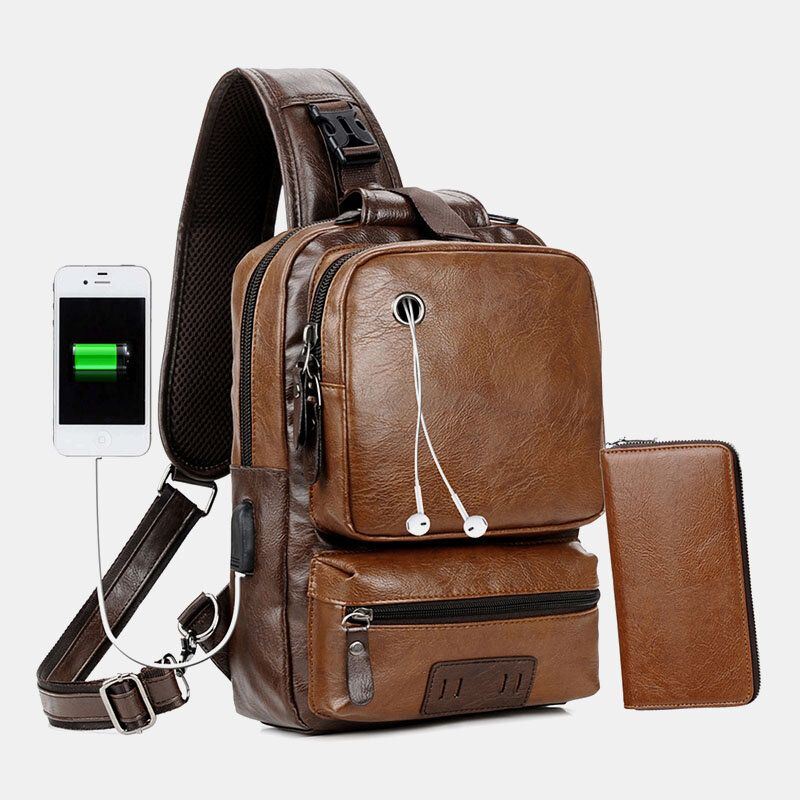 Heren Pu Lederen Vintage Multifunctionele Oortelefoon Gat Usb Opladen Crossbody Tas Borst Tas Sling Bag