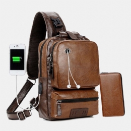 Heren Pu Lederen Vintage Multifunctionele Oortelefoon Gat Usb Opladen Crossbody Tas Borst Tas Sling Bag