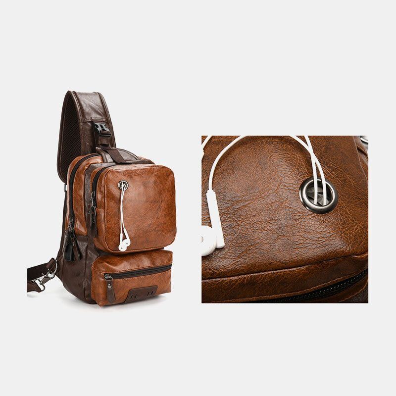 Heren Pu Lederen Vintage Multifunctionele Oortelefoon Gat Usb Opladen Crossbody Tas Borst Tas Sling Bag