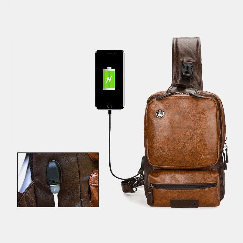 Heren Pu Lederen Vintage Multifunctionele Oortelefoon Gat Usb Opladen Crossbody Tas Borst Tas Sling Bag