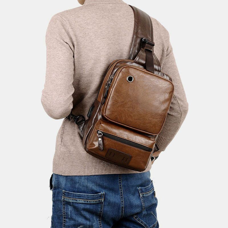 Heren Pu Lederen Vintage Multifunctionele Oortelefoon Gat Usb Opladen Crossbody Tas Borst Tas Sling Bag