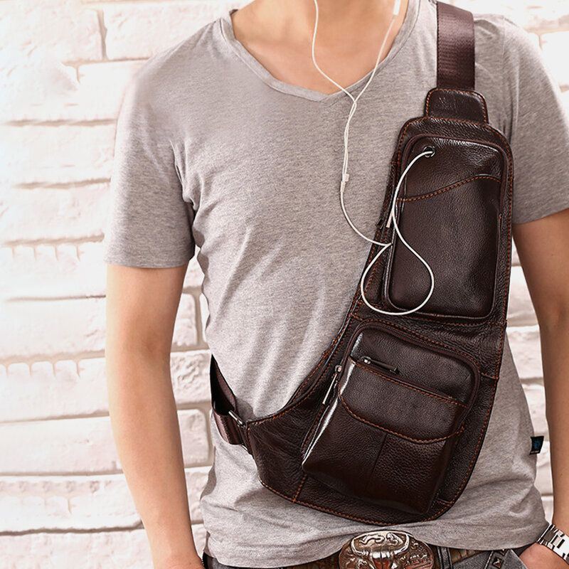 Heren Stevige Lederen Hoofdtelefoon Plug Crossbody Tas Borsttas Sling Bag